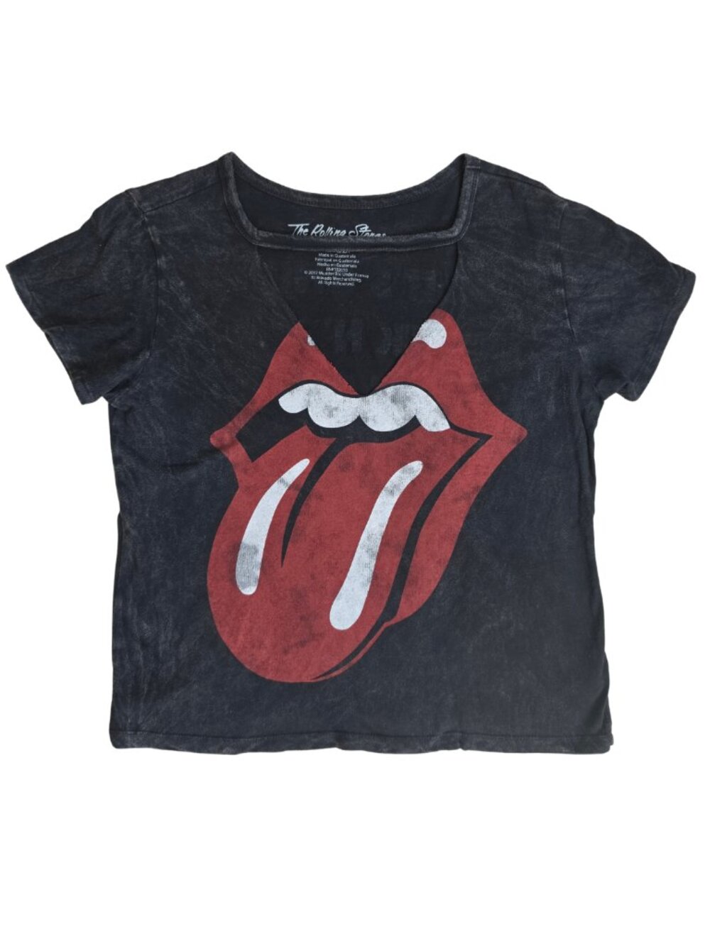 The Rolling Stones Distressed Cutout Band Tee Shirt Black Mineral Wash Medium